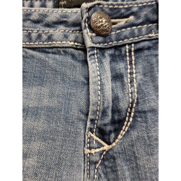 VTG Y2K Rerock For Express Bootcut Jeans Womens Sz 4 Short Blue Denim Distressed - Picture 4 of 12